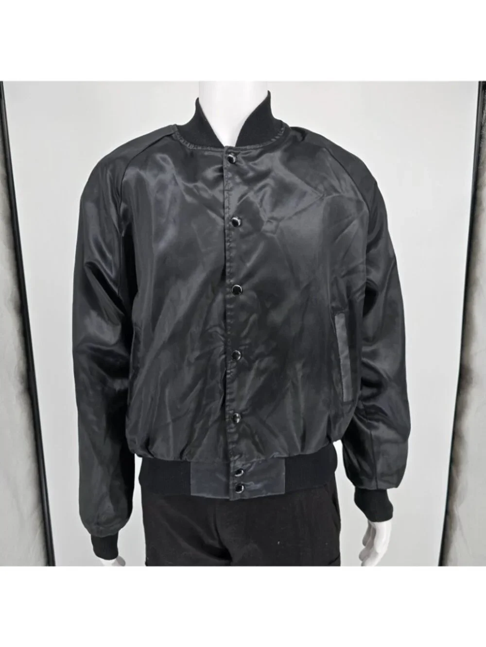 Vintage 1980s Rapco Cable Back Graphic Black Nylon Satin Bomber Jacket (L)